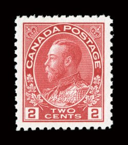 106b, 1911 2c Pink, a striking mint single of this scarce and often misidentified shade, possessing flawless centering within incredibly wide margins which are most
uncharacteristic, brilliantly fresh color in the distinctive pink shade, pristin