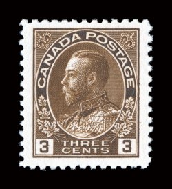 108, 1918 3c Brown, wet printing, jumbo mint single, with particularly lavish margins and exceptionally well centered within them, deeply rich color on brilliantly fresh
paper, o.g., n.h., extremely fine (Unitrade C$90.00).