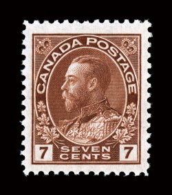 Unitrade 114iii, 1924 7c Red brown, thin paper, dry printing, excellent centering within jumbo margins, sumptuously rich color, o.g., n.h., extremely fine 2001 Greene
Foundation certificate a choice example of this variety.