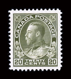 Unitrade 119iv, 1925 20c Olive green, dry printing, retouched, exceedingly well centered example with retouched vertical line at top right spandrel, rich color, strong
impression, o.g., n.h., extremely fine.