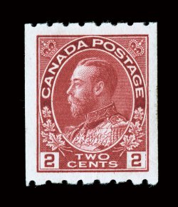 124, 1913 2c Carmine perf. 8 horizontal coil, uncharacteristically well centered and margined, bright color, pristine o.g., n.h., extremely fine (Unitrade
C$450.00).