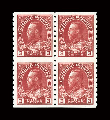 130a, 1924 3c Carmine, perf. 8 vertical coil, Die I, wet printing, block of four, exceptionally well centered, intense vibrant color and impression, o.g., top stamp lightly
hinged, bottom stamps never hinged, extremely fine (Unitrade C$1,200.00)