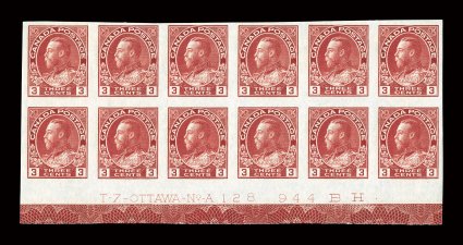 138, 1924 3c Carmine, imperforate, bottom margin imprint and plate no. A 128 block of twelve, full margins all around, rich vibrant color, o.g., four stamps in the top row
hinged, others n.h., very fine.