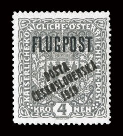 B37-39, 1919 1.50K on 2K to 4K Air Posts with PostaCeskoslovenska1919 overprints cplt., another lovely set, strong fresh colors, o.g., 4K with trivial h.r., other two lightly
hinged, very fine set each signed Kosack, 2.50K also signed Stach