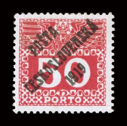 B46, 1919 50h Carmine with PostaCeskoslovenska1919 overprint, well centered, vibrant color, o.g., very fine only 250 printed 1987 APS certificate (Michel 80
Ç900).