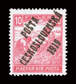 B71-2, 1919 10f Rose and 15f Violet with PostaCeskoslovenska1919 overprint cplt., bright and fresh, o.g., lightly hinged, fine-very fine only 450 sets possible each signed H.
Bloch and accompanied by a 1995 Mikulski certificate for the set