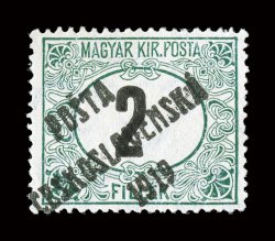 B111, 1919 2f Green and black with PostaCeskoslovenska1919 overprint, well centered, rich color, o.g., lightly hinged, very fine only a total of 195 of both watermarks of the
2f value were printed signed J. Mrnak and others, and accompanie