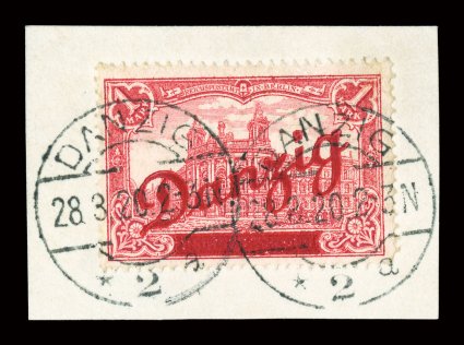 47, 1920 1M Carmine, tied to piece by Danzig 28.3.20 c.t.o. postmarks, bright fresh color, well centered, very fine ex-Cole (Michel 48 Ç2,500).