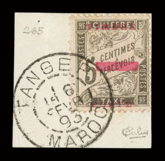 9, 1893 TimbrePoste Red ovpt. on 5c Black postage due, tied to piece by Tanger c.d.s., a fine example of this scarce stamp 1989 Calves certificate (Yvert 9
Ç1,200).