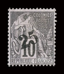 9, 1888 25 Surcharge on 10c Black on lavender, a most impressive mint single, possessing a remarkable overall freshness, full original gum, lightly hinged, very fine for this
not only is this the rarest stamp of Gabon, it is one of the rare