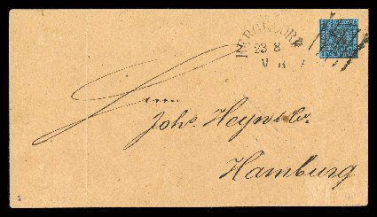 1, 1861 12s Coat of Arms Black on pale blue paper, tied to cover by black bar cancel, matching half-circle Bergedorf c.d.s., addressed to Hamburg, with 82466 blue receiver on
back, stamp with three full margins, just touching at top, fine a