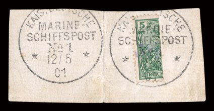 65B, 1901 3PF handstamp on half of 5pf Vineta provisional, tied to piece by a crisp strike of MarineShiffspostNo 1 12501 c.d.s., with a second strike alongside, stamp with
strong rich color, full perforations, very fine a highly desira