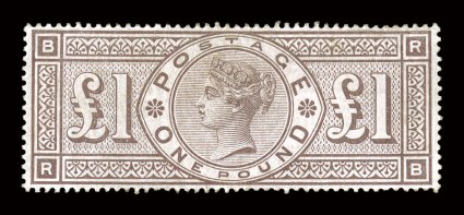 110, 1884 £1 Brown violet, rare unused example, well centered, strong impression, regummed, light vertical crease at left and a tiny thin speck, very fine appearance a most
presentable example of this high value (S.G. 185 £24,000).
