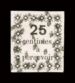 J1, 1876 25c Black postage due, four large even margins, extraordinarily fresh, with a crisp impression on bright white paper, extremely fine a highly desirable example of
this scarce postage due signed A. Brun (Yvert TT1 Ç1,000).