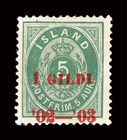 60, 1902-03 5a Green, red overprint, perforated 14x13 12, well centered, crisp impression, large part o.g., a very fine example of this exceedingly scarce stamp signed H.
Bloch (Facit 45 SK 18,000).