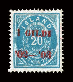 62, 1902-03 20a Blue, red overprint, perforated 14x13 12, attractive mint example of this rare stamp, well centered, strong rich color, o.g. that is slightly disturbed, very
fine 1986 KPK and 1993 Nielsen certificates (Facit 47 SK 48,000).