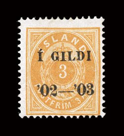 63, 1902-03 3a Orange, black overprint, perf. 14x13 12, warm rich color, o.g., light h.r., fine and scarce 1986 APS certificate (Facit 38 SK 12,000).