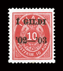 64, 1902-03 10a Carmine, black overprint, perforated 14x13 12, a highly desirable mint example, possessing deep radiant color and a vivid impression on fresh white paper, well
centered, o.g., lightly hinged, there is a tiny trace of a perf. scu