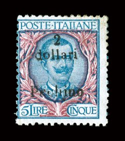 30b, 1918 2 dollari Pechino surcharge on 5L Blue and rose, type II, deeply rich colors, o.g., h.r., some very minor gum toning, fine an exceedingly elusive stamp clear 2001 PF
certificate (Sassone 29 Ç16,000).