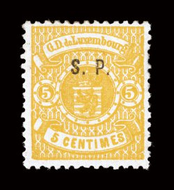 O42, 1881 5c Yellow with S.P. overprint, brilliant color, full original gum, very fine overall an especially challenging stamp to find both with full original gum and
certified as such 2008 Goebel certificate (Michel 24I Ç800) both the Sc