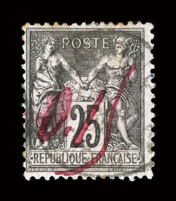 22A, 1895 0.15 Red manuscript surcharge on 25c Black on rose, Majunga provisional, an immensely rare provisional that only exists used, centered to the left as are all other
genuine examples, strong color, lightly cancelled, faint trace of ton