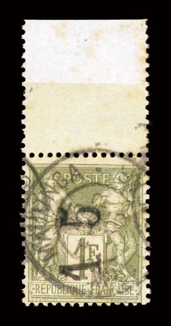 22D, 1895 15 Handstamped surcharge on 1Fr Bronze green on straw, with red manuscript surcharge washed off as always, an especially handsome example, being a top-sheet margin
single, strong rich color, neat c.d.s. postmarks, there are a few min