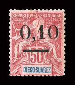 62, 1902 0.10 Wide surcharge on 50c Carmine on rose, deep vibrant color and a strong impression, full original gum, minor h.r., fine only 75 stamps printed signed H. Bloch and
accompanied by a 1999 Calves certificate (Yvert 60II Ç5,800