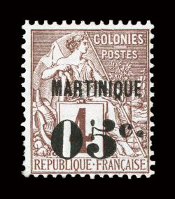 11, 1888 Martinique05c. Surcharge on 4c Claret on lavender, exceptionally fresh, with strong rich color and a highly detailed impression, o.g., relatively lightly hinged, fine
very scarce, with only 400 printed signed A. Diena and accompani