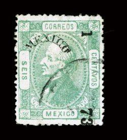 87a, 1872 6c Green, pin perf., with LA + F watermark, with Mexico 1-73 overprint, used, bright and fresh, very lightly cancelled, fine 1975 Mepsi certificate.