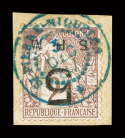 9, 1885 5SPM Surcharge on 2c Brown on buff, used, tied to piece by sharp blue c.d.s., stamp has been lifted and hinged back into place, rich fresh color, a very fine and
attractive example of this rare stamp signed A. Brun, Calves (Yvert 1