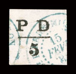 12, 1886 5c Black, fresh paper, clear blue c.d.s. postmarks, tiny stain as often is the case on these, still very fine this issue is only found used as it was intended for
internal usage only and was applied to letters by the postal clerk extr