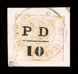 13, 1886 10c Black, tied to piece by c.d.s., large margins, a few small toned spots as often, otherwise very fine this rare stamp is only found used and it is believed that
this is the rarest of the three values with only 257 stamps reported