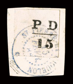 14, 1886 15c Black, tied to piece by blue c.d.s., full to extra-large margins, rather fresh, very fine a rare stamp, especially in this lovely quality signed Calves (Yvert 17
Ç1,400).