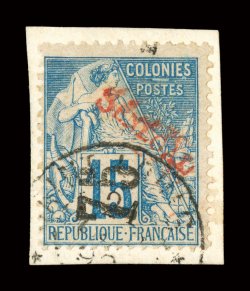 33, 1892 75 Red surcharge on 15c Blue, a lovely fresh copy of this enormously rare stamp, tied to piece by light c.d.s. postmark, rich bright color, fine only 50 examples were
ever produced with the red overprint signed Champion, Calves