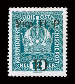 8, 1918 10sot on 12h Light blue, well centered, rich color, o.g., lightly hinged, very fine only 404 printed signed Kosack, Lissiuk and others (Michel 4
Ç2,200).