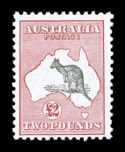 S.G. 114, 1929 £2 Black and rose, deep rich colors on especially bright paper, centered just a bit to bottom, o.g., nearly very fine for this scarce high value (Scott 102
$4,500.00).