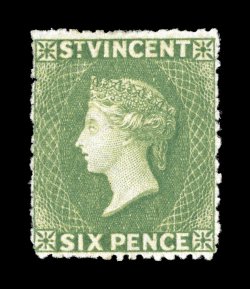 S.G. 26a, 1878 6p Pale yellow green, clean cut perforated 14 to 16, watermark upright, extraordinarily well centered, sumptuously rich color, o.g., minor h.r., very fine rarely
encountered this choice signed H. Bloch and accompanied by a 1991