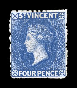 S.G. 38, 1881 4p Bright blue, an extraordinarily beautiful mint example of this very scarce stamp, possessing an overall brilliance seldom seen, prooflike color and impression,
plus its centering is virtually perfect, large part o.g., extremely