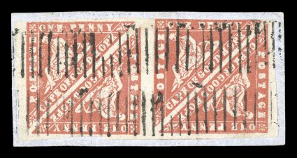 S.G. 13, 1861 1p Vermilion Wood Block, a showpiece used block of four, tied to small piece by wide bars cancellations (Stevenson Type 3b), extravagantly large margins on three
sides, stamp at top left with nearly full fourth margin (just touch