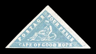 S.G. 14, 1861 4p Pale milky blue Wood Block, an extremely rare and handsome appearing unused example of this seldom offered stamp, possessing margins of exceptional size,
ranging from large to enormous, strong rich color and impression on espe