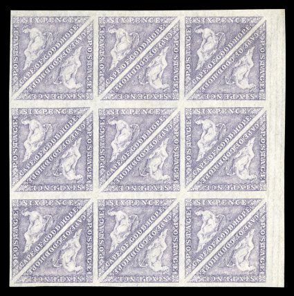 S.G. 20, 1864 6p Bright mauve, a spectacular square mint block of eighteen, in the most pristine state of preservation imaginable for a stamp of this vintage, large to huge
margins all around, including one side with partial sheet selvage, lovel