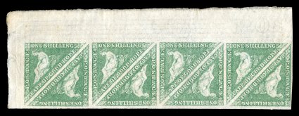 S.G. 21, 1863 1- Bright emerald green, an impressive corner sheet-margin mint horizontal block of eight, full sheet margins on two sides showing POS of watermark, wonderfully
bright and fresh, gorgeous color and impression, o.g., couple of mi