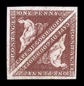S.G. 22, 1863 1p Deep carmine red, on watermarked Crown and CC paper,  a spectacular mint square pair of this trial printing rarity, being one of just a few pairs recorded,
which is also the largest known multiple, large margins all around
