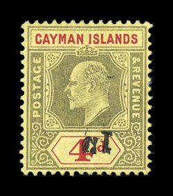 1908 1D Fiscal surcharge on 4p Black and red on yellow, inverted surcharge, an exceptional quality mint example of this very rare error, of which only twenty such errors are
believed to exist, well centered, o.g., lightly hinged, choice ver