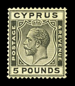 S.G. 117a, 1928 £5 Black on yellow, a highly select mint example of this key rare high value, possessing wonderfully fresh color and a sharp impression, uncommonly well centered
as well, o.g., lightly hinged, choice very fine 1994 BPA certifica