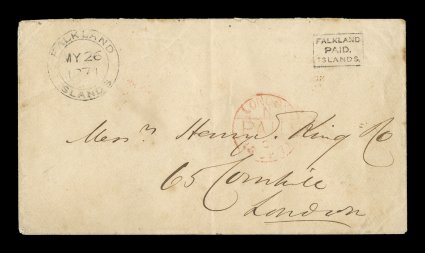 S.G. FR1, FalklandPaid.Islands. small black frank, excellent impression on buff colored cover addressed to Messrs. Henry King Co, 65 Cornhill, London, with nice strike of type
F.1 Falkland IslandsMay 261871 c.d.s. in opposite corner, w