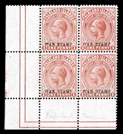S.G. 71a, 1918 War Stamp overprint on 1p Vermilion, double overprint, one albino, a scarce and handsome bottom left corner sheet-margin block of four of this unusual overprint
error, clearly seen on the reverse with double overprint offset sh