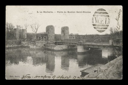 W.F.I. barred oval obliterator, type WF.1, a superb strike on photo side of La Rochelle picture post card, franked with a 1904 1p Vermilion and headed by manuscript Fox Bay,
addressed to London and twice forwarded, stamp tied by Falkland Isl