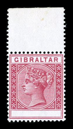S.G. 23b, 1889 10c Carmine, value omitted, a superb top sheet-margin mint example of this rare and striking error, magnificently fresh and well centered, pristine o.g. which
shows just the barest trace of hinging, extremely fine easily one of