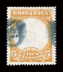 62 var., 1907 5c Yellow and dull blue, Center Inverted and misplaced, with significant portions of two central vignettes at right and left, bright colors, o.g., h.r., small
thin spot, very fine appearance certainly one of the most dramatic erro